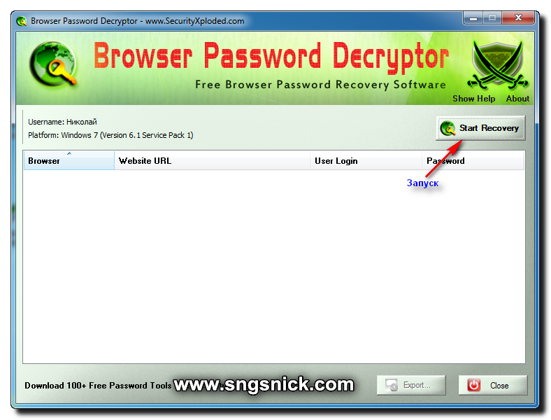 Browser Password Decryptor. Интерфейс программы.