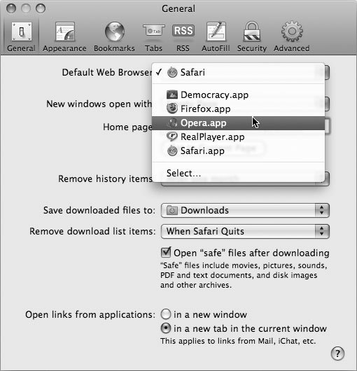 Рис. 2.9. Назначение Opera браузером по умолчанию с помощью Safari