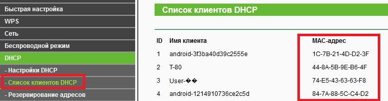 Список клиентов DHCP