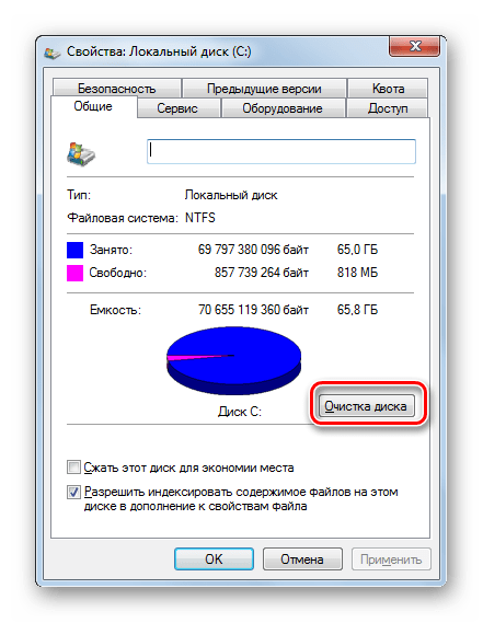 Переход к очистке диска C из вкладки Общие окна свойств диска в Windows 7