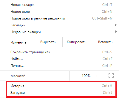Раздел «История» в меню панели управления Гугл Хром
