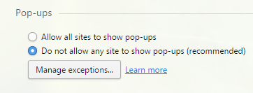 Запрет отображения окон в разделе «Pop-ups» браузера Opera
