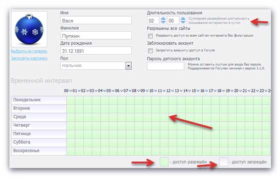 Окно настройки работы детского браузера