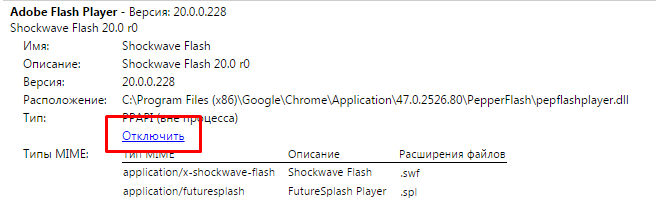 Гиперссылка «Отключить» в разделе Adobe Flash Player 