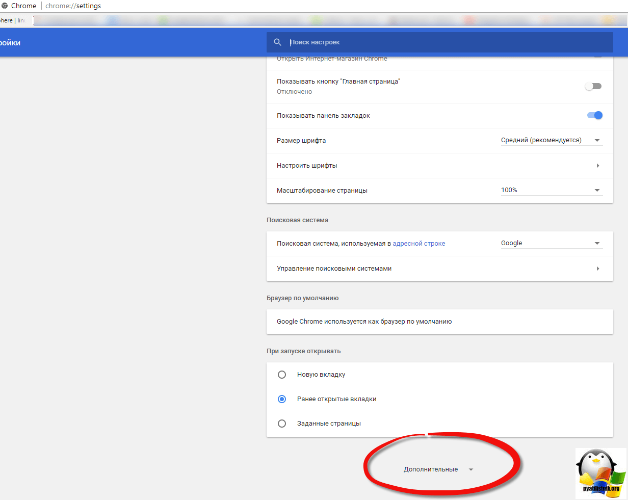 Дополнительные настройки Google Chrome