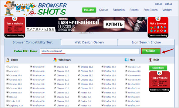 проверка сайта в browsershots.org