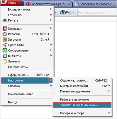 удаление кукис в опере другим способом