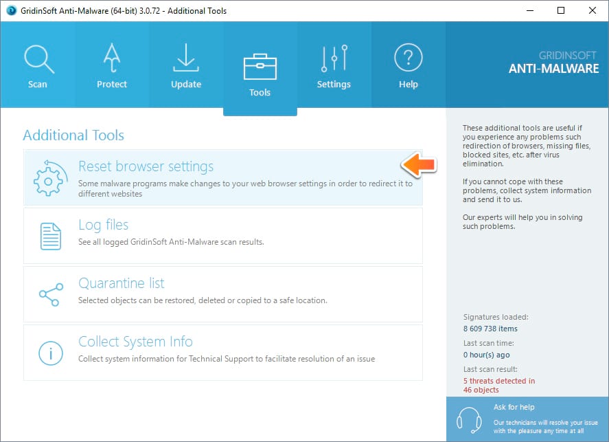 Choose Reset Browser Settings tool