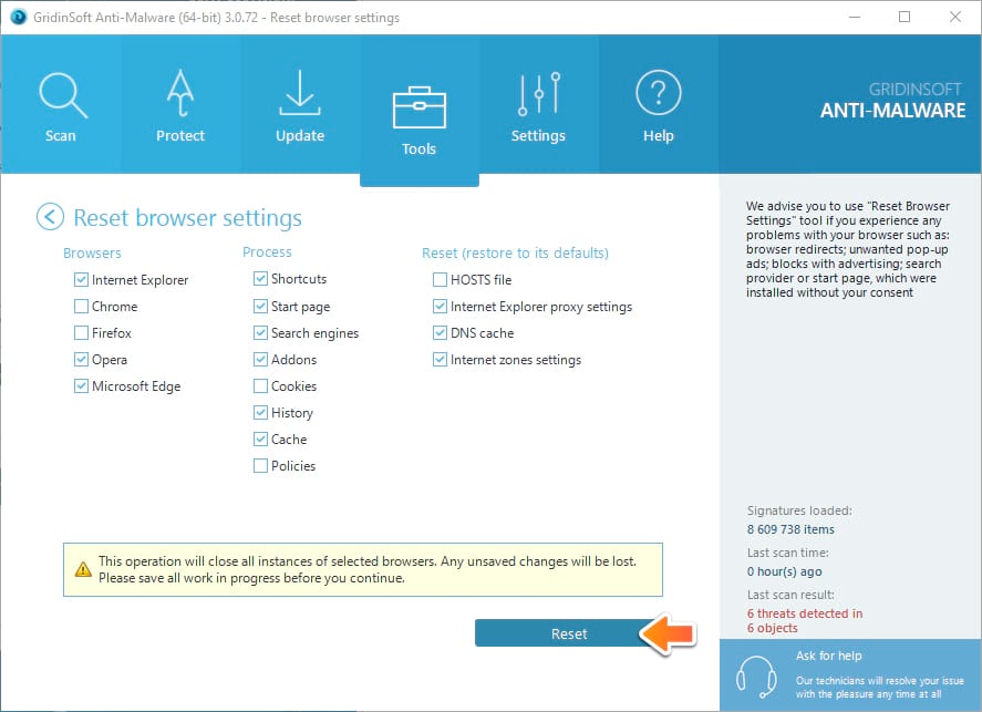 Choose your browser and click Reset