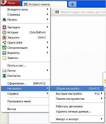 Настройки в Opera версии от 10,5 до 14