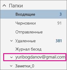 Список папок с выделенной учетной записью Gmail