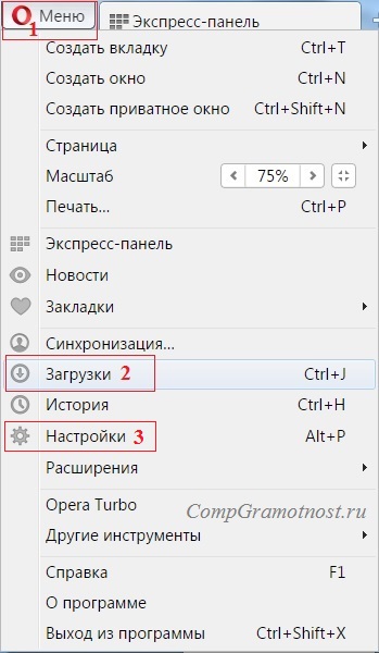 Загрузки в Опере