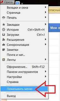 Меню браузера опера