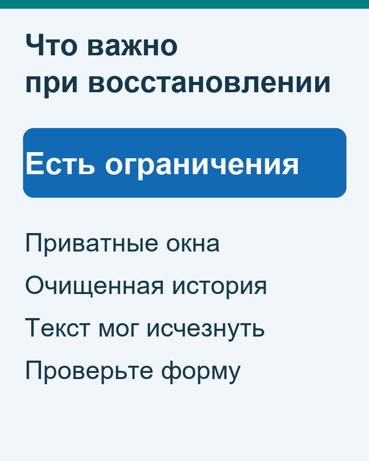 Ограничения восстановления: приватный режим, удалённая история и несохранённый текст